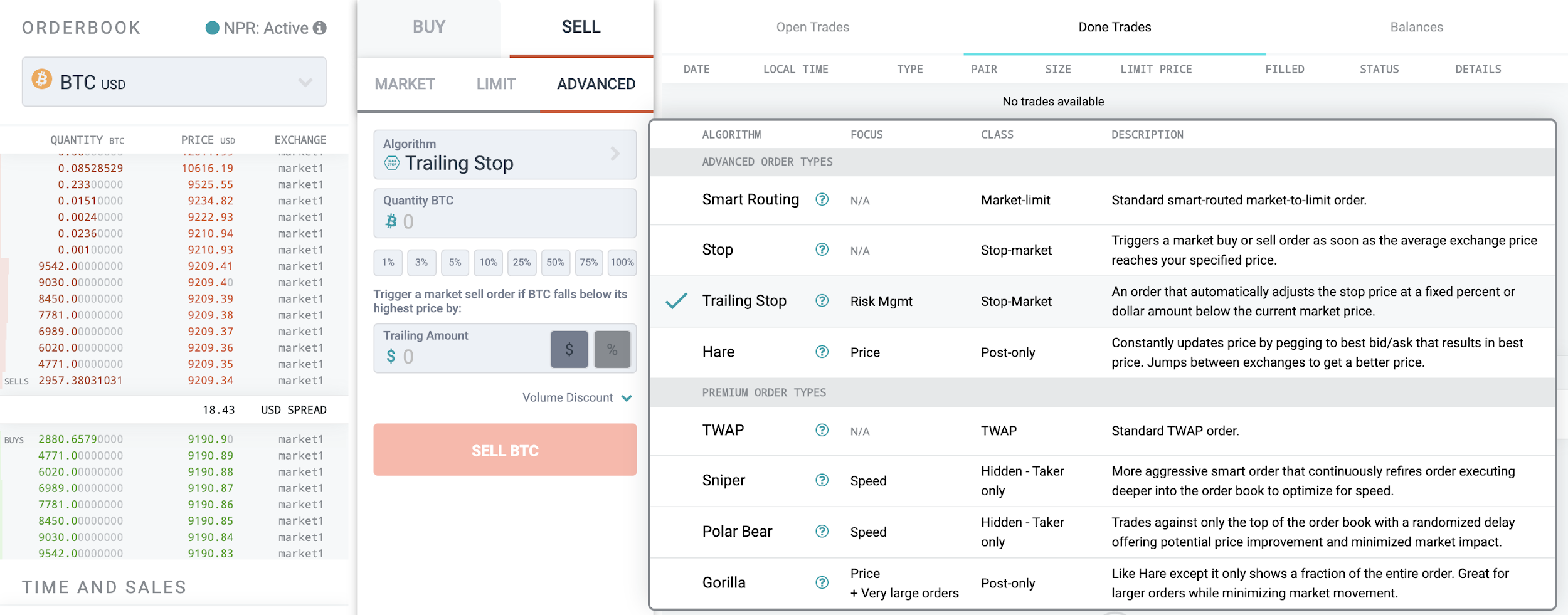 Setting a trailing stop-loss order for crypto within the SFOX crypto trading platform.