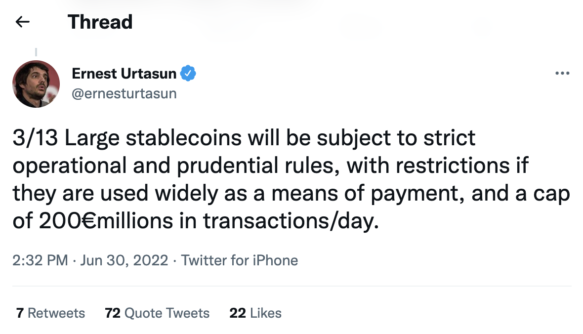 Ernest Urtasun tweeted that the agreement will include a strict cap on stablecoin usage